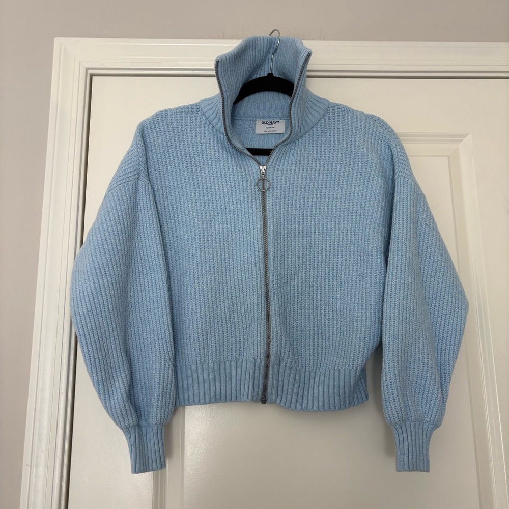 Old Navy Girls Light Blue SoSoft Collared Ribbed Zip-Up Knit Sweater - Picture 2 of 10